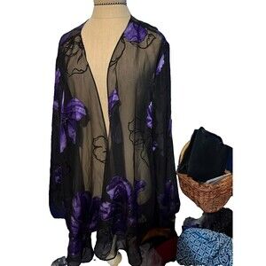 Maggie Barnes Plus Coverup Sheer Jacket Black Purple Floral Appliques 2w